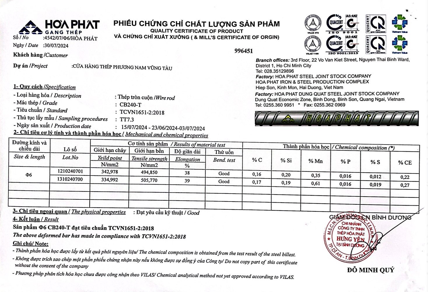 Phiếu chứng chỉ chất lượng sản phẩm thép Hòa Phát