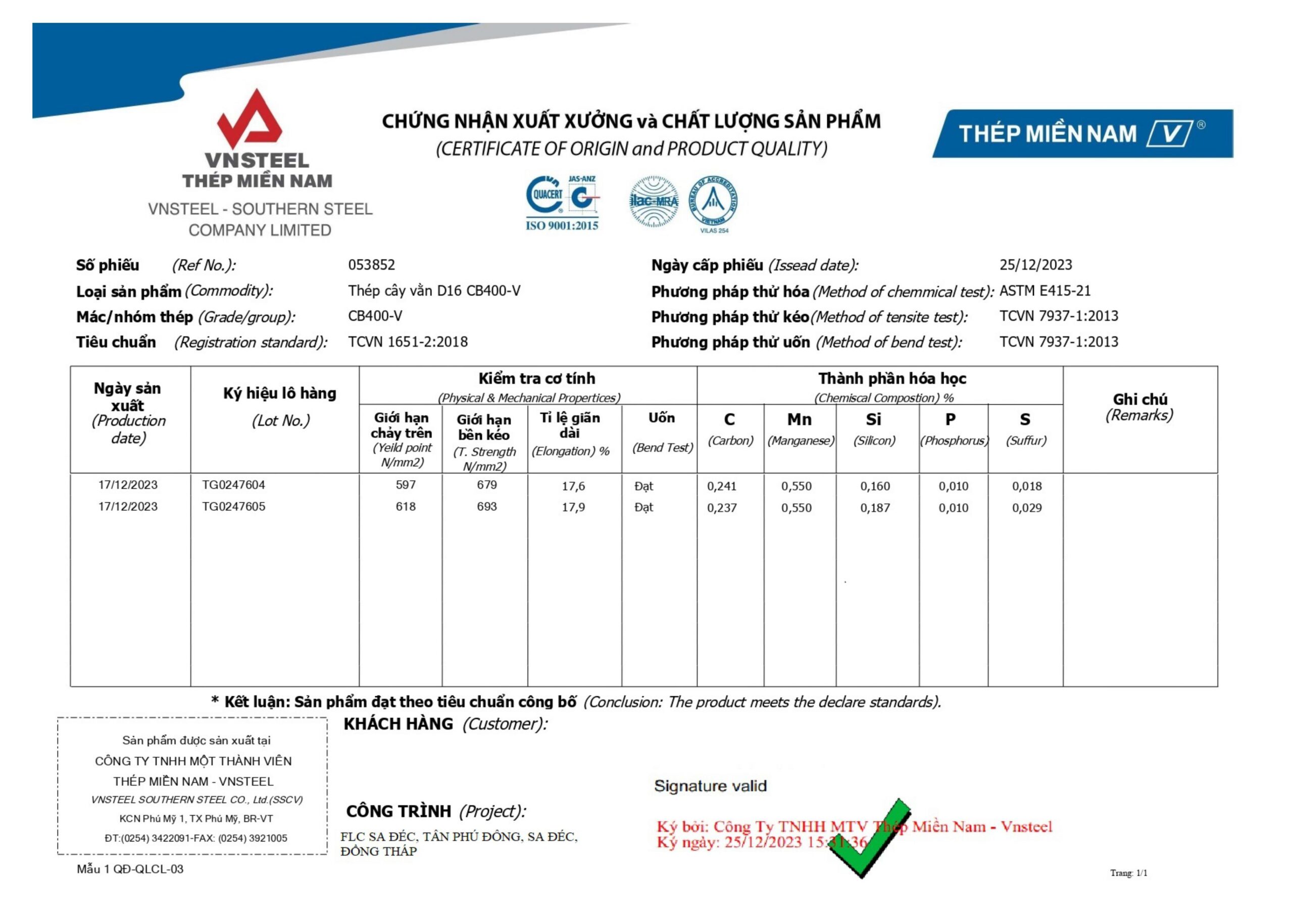 Chứng nhận xuất xưởng và chất lượng sản phẩm thép Miền Nam