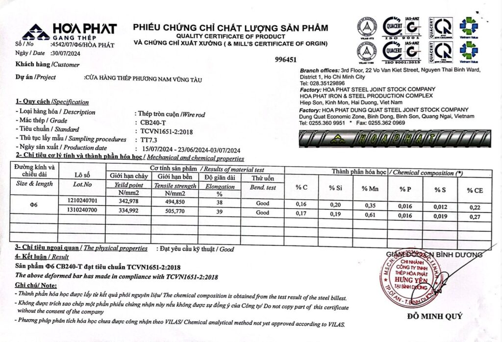 chứng chỉ thép hòa phát
