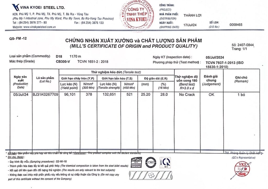 chứng chỉ thép vina kyoei